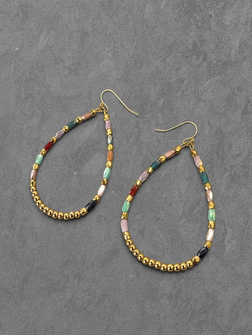 Handmade Boho Beaded Teardrop Dangle Earrings Gold Wire Glass Crystal Multicolor